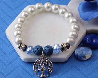 Bracciale Albero della Vita: Pietra Lavica Blu, Perla Bianca, Diffusore di Oli Essenziali