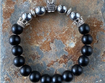 Black Onyx Crown Bracelet: Silver Hematite Beaded Bracelet
