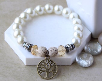Bracciale Albero della Vita: Diffusore di oli essenziali in pietra lavica beige e perla