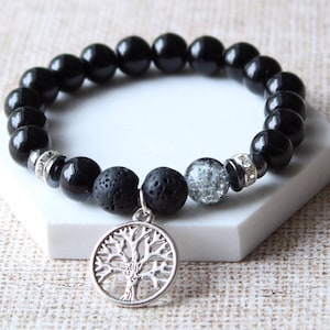 Silver Tree of Life, Black Lava Rock Bracelet, Black Glass Pearl Bracelet, Essential Oil Bracelet, Bead Bracelet, Gift for Her.