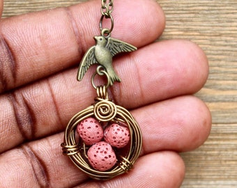 Red Lava Bead Bird's Nest Diffuser Necklace: Aromatherapy Jewelry