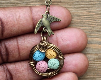 Bird's Nest Diffuser Necklace: Multicolor Lava Beads, Aromatherapy Jewelry
