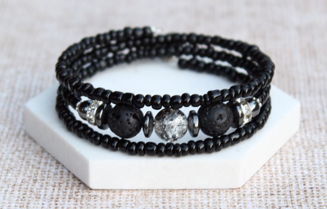 Black Diffuser Wrap Bracelet, Bracelet, Black Lava Bead Bracelet, Lava