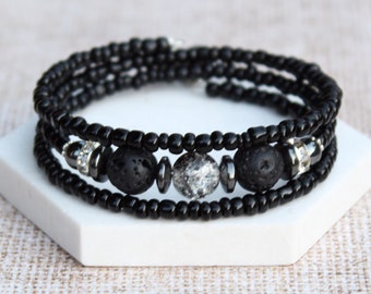 Schwarze Lava Perle Wickelarmband: Ätherisches Öl Diffuser Schmuck