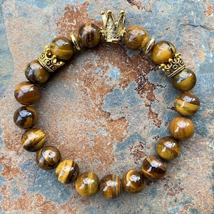 Tiger's Eye Crown Bracelet, Tiger’s Eye, Beaded Bracelet Men, Men's Bracelet, Gift for Him, Boyfriend Gift, Father’s Day Gift.