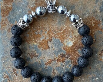 Lava Crown Bracelet, Black Lava Bracelet, Men's Bracelet, Beaded Bracelet Men, Gift for Him, Boyfriend Gift, Father's Day Gift.