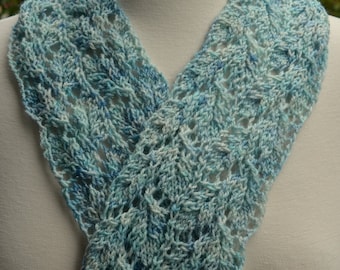 Sparkling Powder Blue, Seafoam, Light Teal and Off White Merino Wool Leaf Pattern Scarf