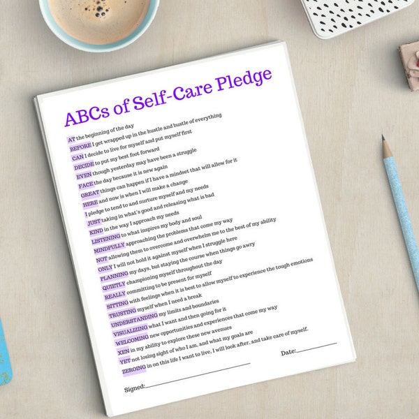 ABCs of Self-Care Pledge (PRINTABLE - INSTANT DOWNLOAD): Self Care • Radical Self Love • Wellness • Positive Thinking
