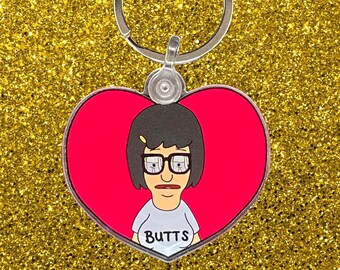 Tina Loves Butts Keyring | Bob’s Burgers Fan Art | Acrylic Key Chain | Tina Belcher & Jimmy Jr Design | Valentine&#39;s Day | Heart Key Ring |