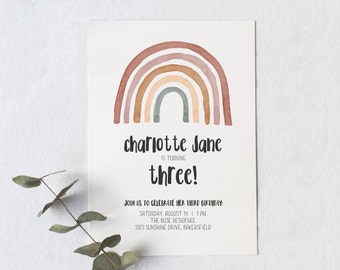 Invitación de cumpleaños del arco iris, arco iris invitación niños arco iris, boho neutral arco iris invitación, Boho invitar orgánico arco iris cumpleaños tema