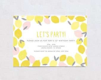 Lemon Printable Birthday Invitation, Lemon Print Birthday Card, Spring / Summer Birthday Invitation