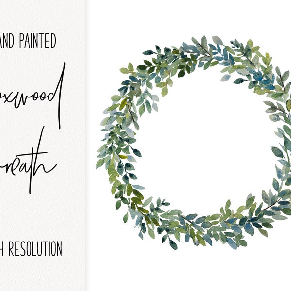 Boxwood watercolor wreath clip art in PNG format- INSTANT DOWNLOAD