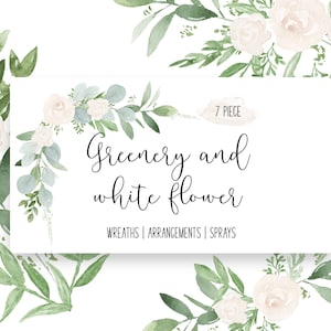 Watercolor Greenery and white flowers & two digital paper Bundle, in and INSTANT DOWNLOAD