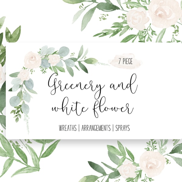 Watercolor Greenery and white flowers & two digital paper Bundle, in and INSTANT DOWNLOAD