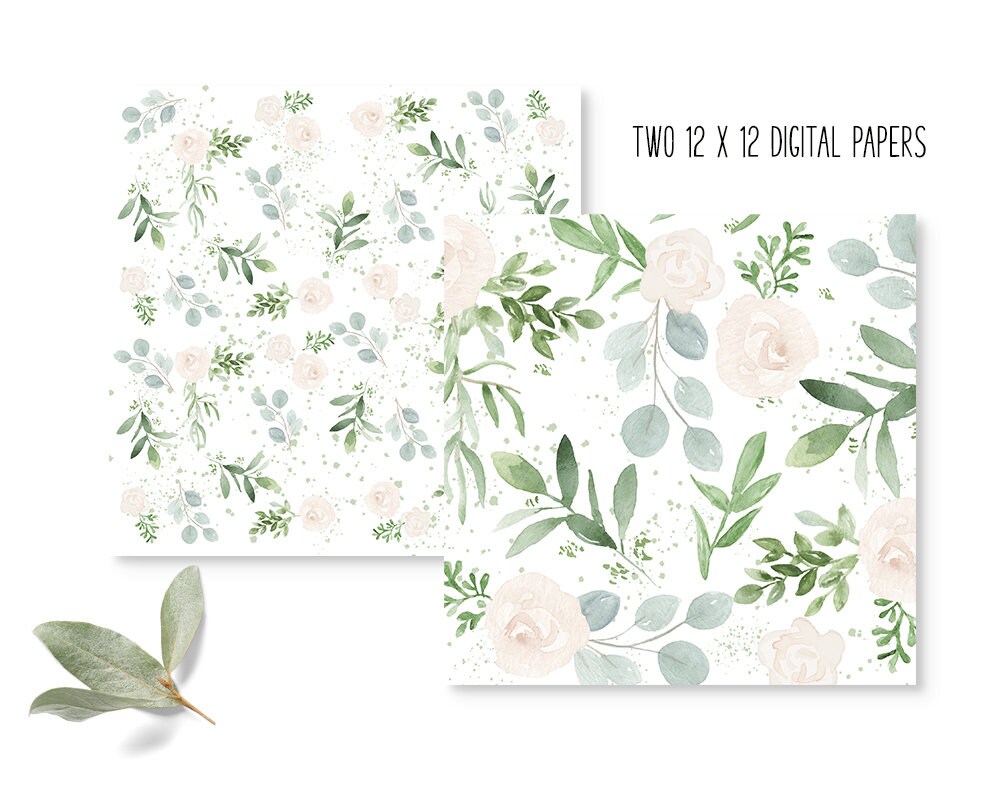 Watercolor Greenery and White Flowers & Two Digital Paper Bundle, in ...