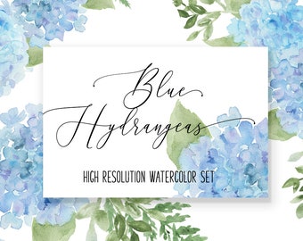 Blue Hydrangea floral watercolor clip art  including coordinating seamless papers & elements in png INSTANT DOWNLOAD