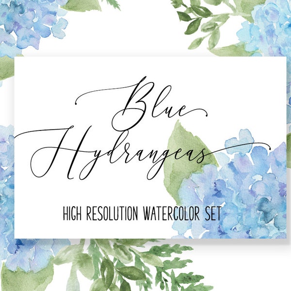 Blue Hydrangea floral watercolor clip art  including coordinating seamless papers & elements in png INSTANT DOWNLOAD