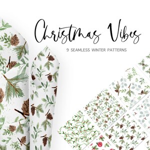 9 Watercolor Christmas Vibes Digital Paper - Eucalyptus and Pine Seamless, INSTANT DOWNLOAD