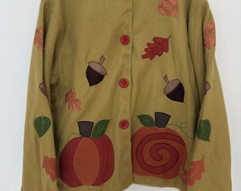 VTG 90s Y2K Autumn Pumpkin Leaf Applique Fleece Jacket Mustard Cardigan L Lined