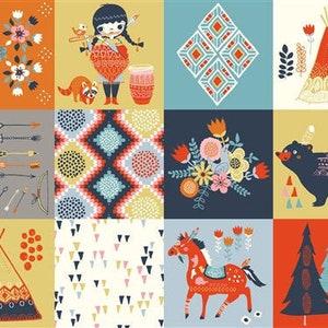 Könnte beinhalten: Ein farbenfroher Stoff mit Patchwork-Design, das ein indianisches Mädchen, Tiere, geometrische Muster und Blumenmotive zeigt. Der Stoff ist perfekt zum Quilten, Basteln und Dekorieren.