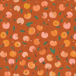 May include: A seamless pattern featuring orange and pink cherries with green leaves on a brown background.