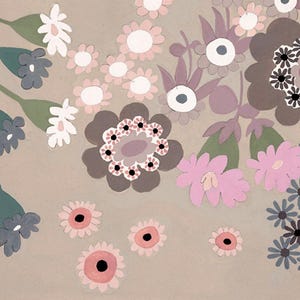 May include: A surface pattern featuring a variety of stylized flowers in shades of dusty pink, mauve, dark gray, and muted green on a light beige background. The floral design includes large rounded petals, small daisy-like blooms, and stems.