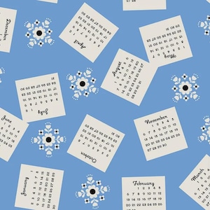 May include: A repeating pattern on a light blue background featuring calendars and floral motifs. The calendars, each showing a different month, are white with black text. The floral designs are white and blue.