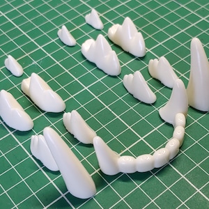 Puede incluir: Un conjunto de dientes de plástico blanco, incluyendo colmillos, caninos y molares, para manualidades o cosplay.