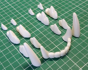 May include: A set of white plastic teeth, including fangs, canines, and molars, for crafting or cosplay.