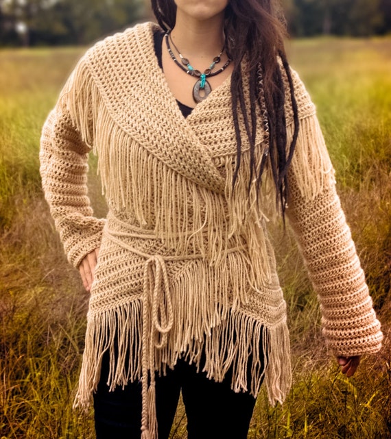 Fringe wrap sweater hot sale
