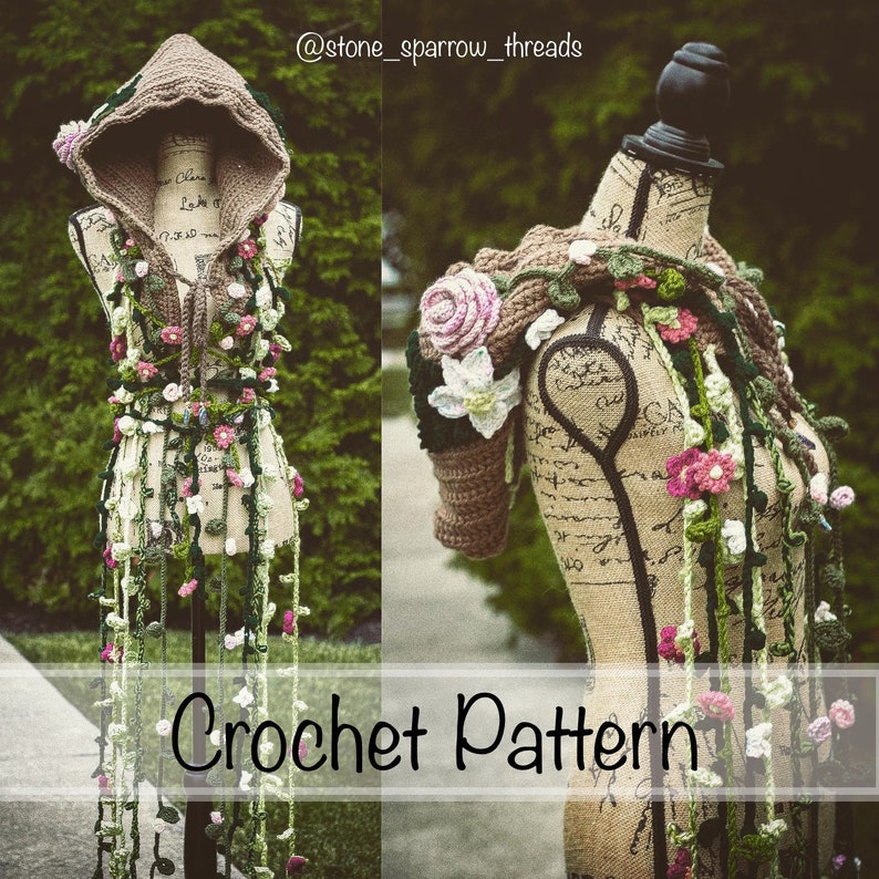 May include: Crochet pattern for a hooded top with floral embellishments. The top is brown with green and pink flowers. The pattern is available for purchase on Etsy.