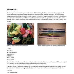 May include: A collection of colorful yarn scraps in various shades of green, yellow, pink, and white. The yarn is arranged in a pile on a brown surface. The text "This is a great project to use up scrap yarn" is written below the image.