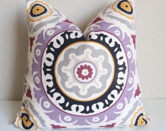 Set Of Two Pillows, 18x18 pillows, Susani Lavender Cream Pillow cover, Decorative Pillow, Lavender Pillow, Black yellow Pillow Cover, 18x18