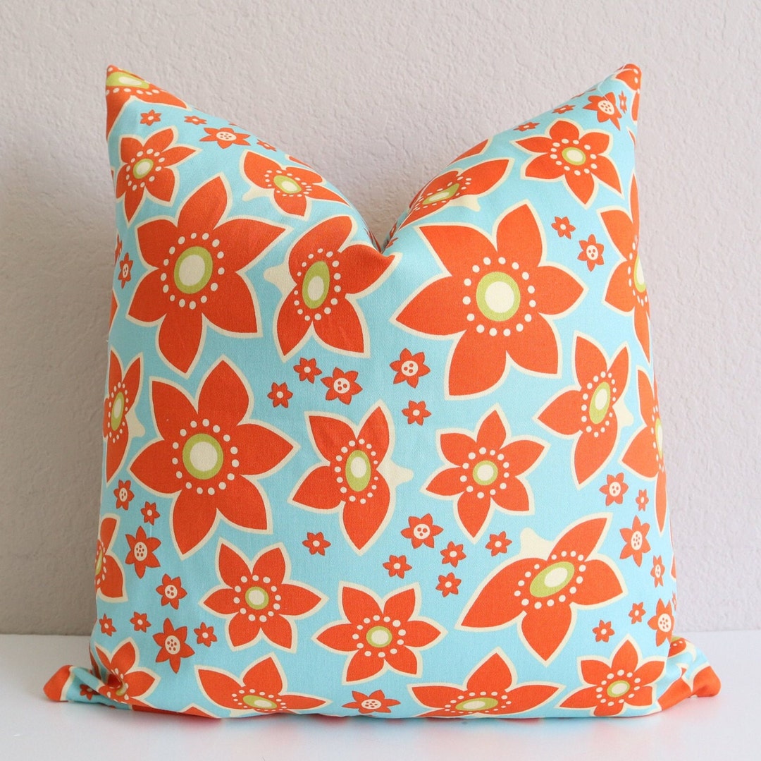 Orange Blue Pillow Cover Floral Orange Pillow Accent Pillow Etsy