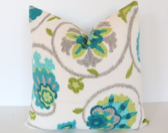 Outdoor floral teal green pillow cover, pillow cover 16x16, accent cover, indoor outdoor cover, accent pillow cover