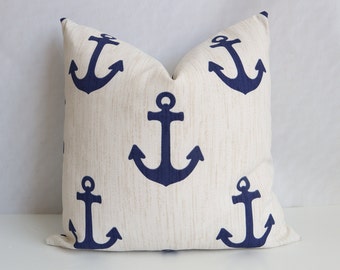 Outddor/Indoor Pillows- Anchor Pillows- BLue Marine Pillows- Navy Anchor Pillows- Blue Nautical Pillows Covers - Beige Ivory Anchor Pillows