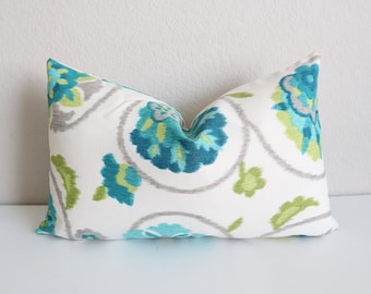 Outdoor Indoor Pillow Covers - Outdoor Pillows- Teal Ivory Grey Pillow Covers-Turquoise Outdoor Pillows- Aqua Outdoor Pillows 12x20