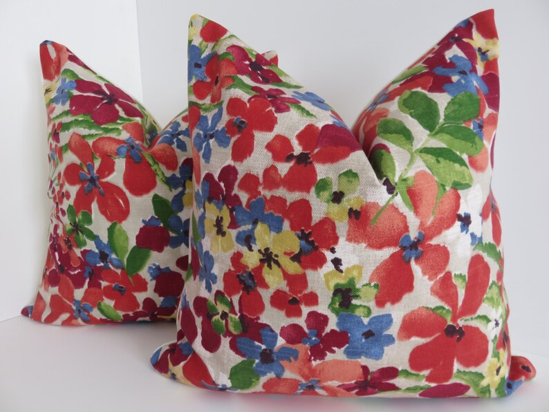 Cream Blue Yellow Green Red Pillow Cover Floral Pillow Cover Etsy