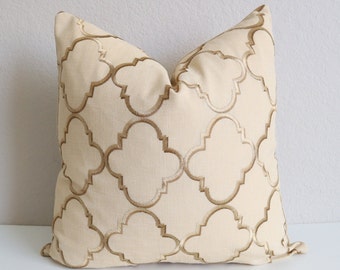 Oatmeal Linen Pillow Cover, Pillow Cover, Embroidered Pillow, Natural Pillow Cover, Embroidered Brown Gold Pillow