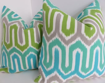 Outdoor/Indoor Pillow Cover - Green Aqua Sky Grey Pillow Cover- Pillow Covers- Grey Outdoor Pillows- Aqua Outdoor Pillows- Turquoise Pillows