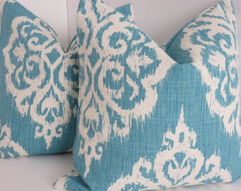 Aqua Blue Ivory Ikat Pillow Covers- Aqua Pillow Covers - Pillow Cover- Ivory Pillow covers- 18x18- 20x20- Aqua Blue Pillows