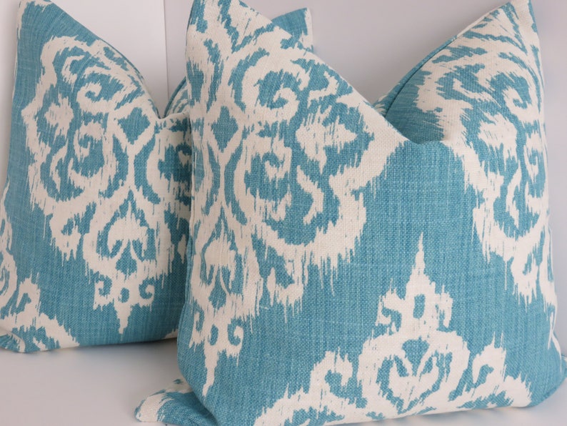 Aqua Blue Ivory Ikat Pillow Covers Aqua Pillow Covers Etsy