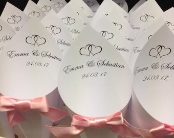 25 Personalised Wedding Confetti Cones in a cone holder box