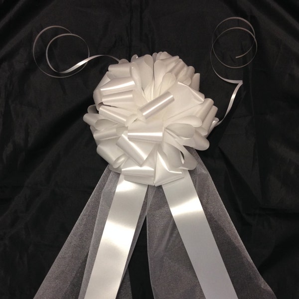 12 Luxury Church Pew Bows with White Organza Tails