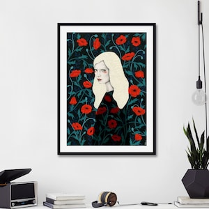 May include: A framed illustration of a woman with long blonde hair standing in a field of red poppies. The background is a dark teal green.