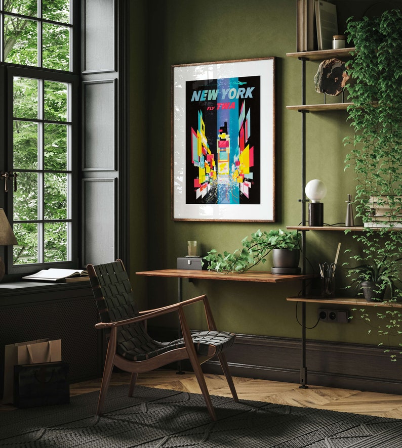 Pu&ograve; includere: Un ufficio domestico con una scrivania in legno e una sedia in pelle nera. Un poster incorniciato con il testo "NEW YORK FLY TWA" &egrave; appeso al muro. Il muro &egrave; dipinto di verde scuro. Ci sono mensole con piante e libri sul muro.