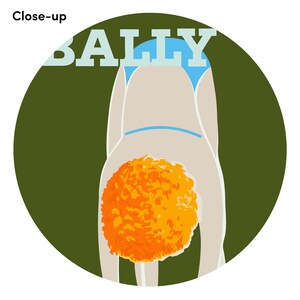 May include: A close-up of a person doing a handstand with their legs in the air. The person is wearing a blue swimsuit and has orange hair. The background is a dark green circle with the word "BALLY" written in white letters.