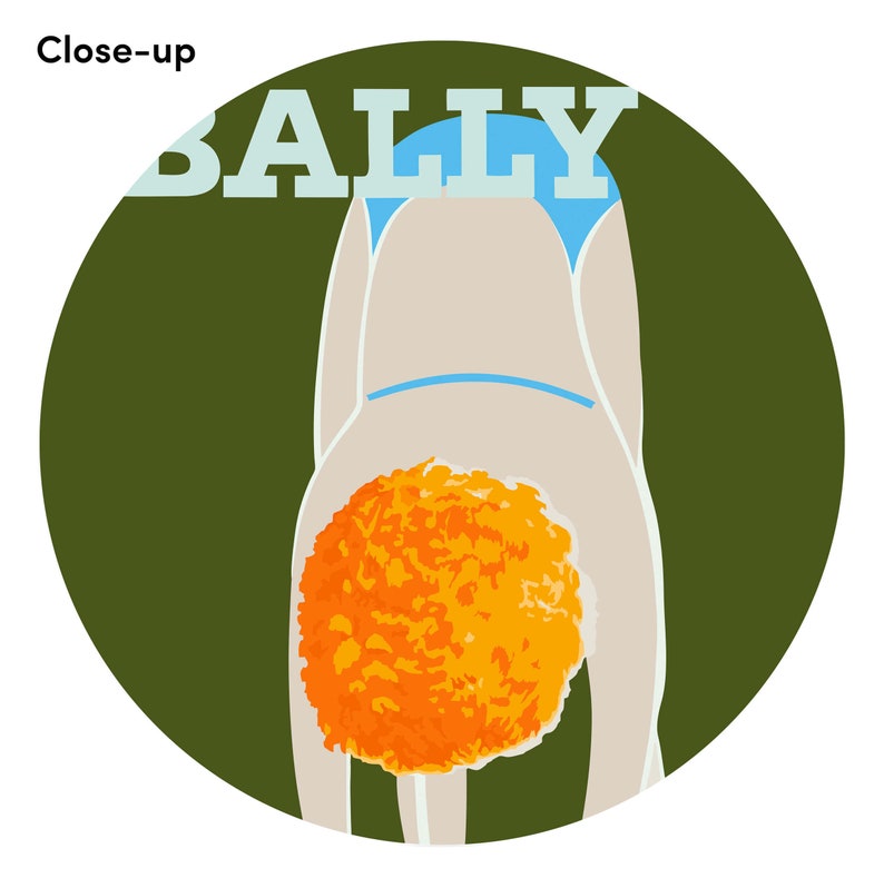 May include: A close-up of a person doing a handstand with their legs in the air. The person is wearing a blue swimsuit and has orange hair. The background is a dark green circle with the word "BALLY" written in white letters.