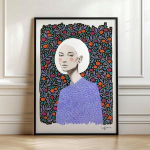 May include: A framed art print featuring a portrait of a person with short white hair and pink cheeks, wearing a textured purple top. The background consists of a dense pattern of dark purple branches with orange and magenta circular fruit shapes.