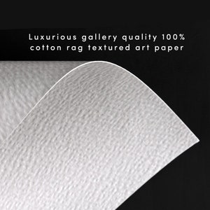 Pu&ograve; includere: Primo piano di una carta da disegno bianca testurizzata. La carta ha una texture sottile e ruvida, simile alla sensazione del cotone. Il testo "Luxurious gallery quality 100% cotton rag textured art paper" &egrave; stampato nella parte superiore dell'immagine.